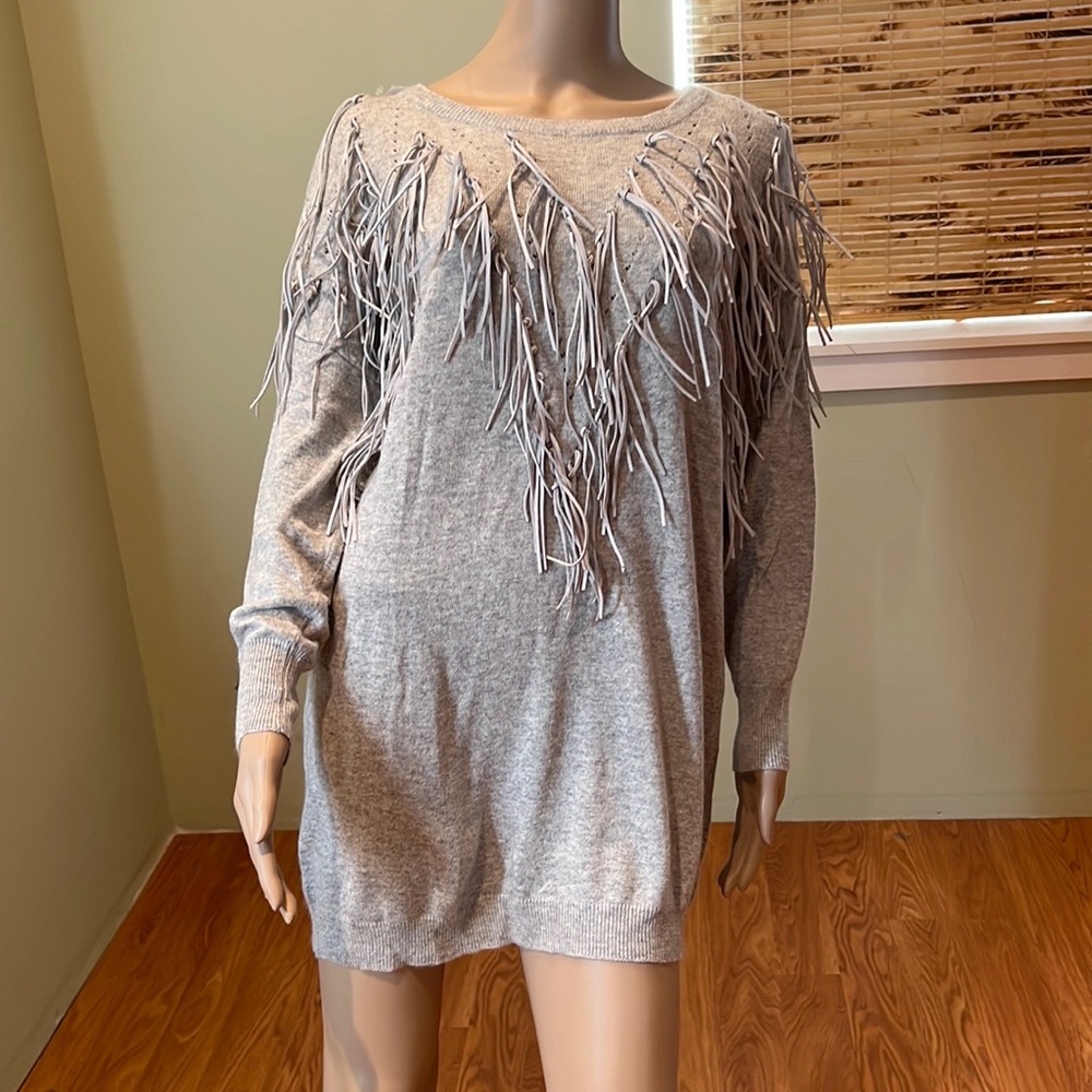 Gray Sweater With Leather Fringe Size S/M